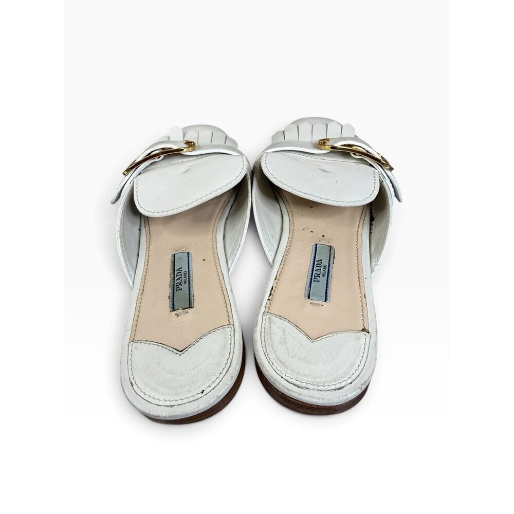 Prada White Leather Fringe Buckle Mules Flats IT 39 US 9 Gold Hardware - Picture 7 of 11